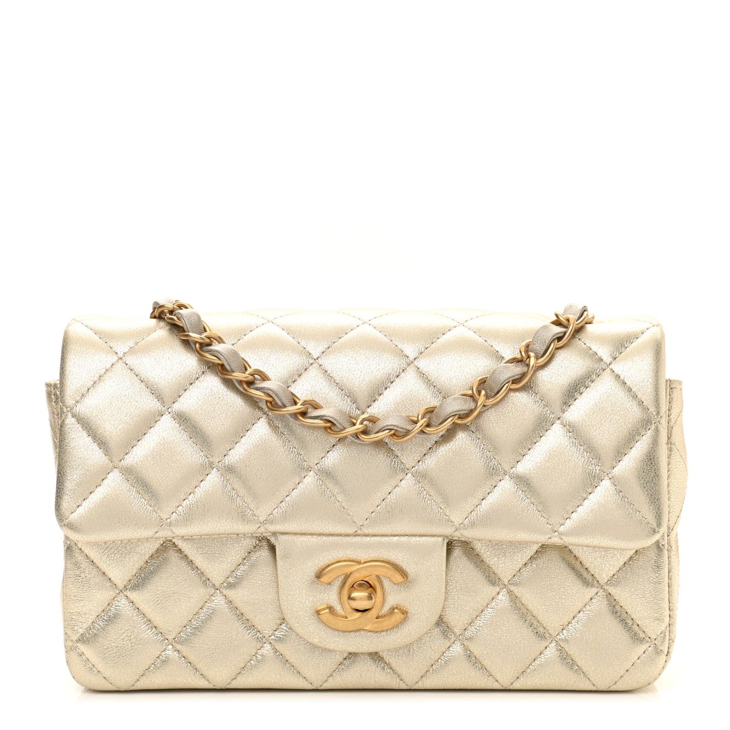 Metallic Lambskin Quilted Mini Rectangular Flap Gold