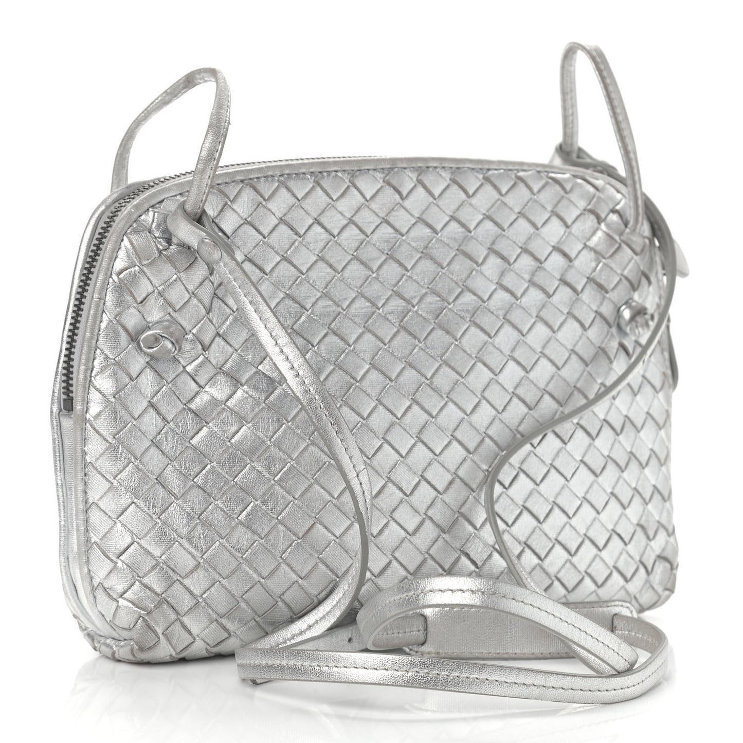 Metallic Nappa Intrecciato Nodini Crossbody Messenger Silver