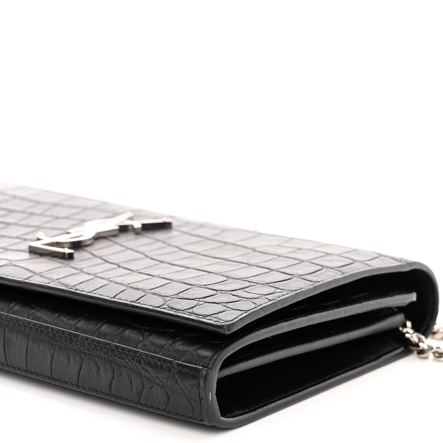 Calfskin Crocodile Embossed Monogram Chain Wallet Black