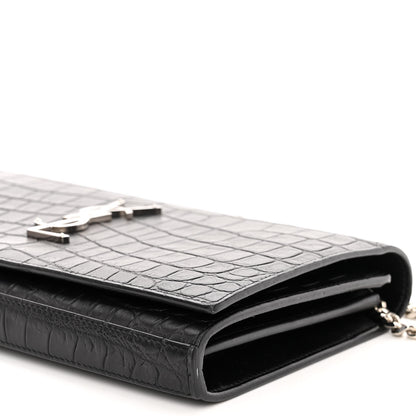 Saint Laurent Calfskin Crocodile Embossed Monogram Chain Wallet Black 10 of 10