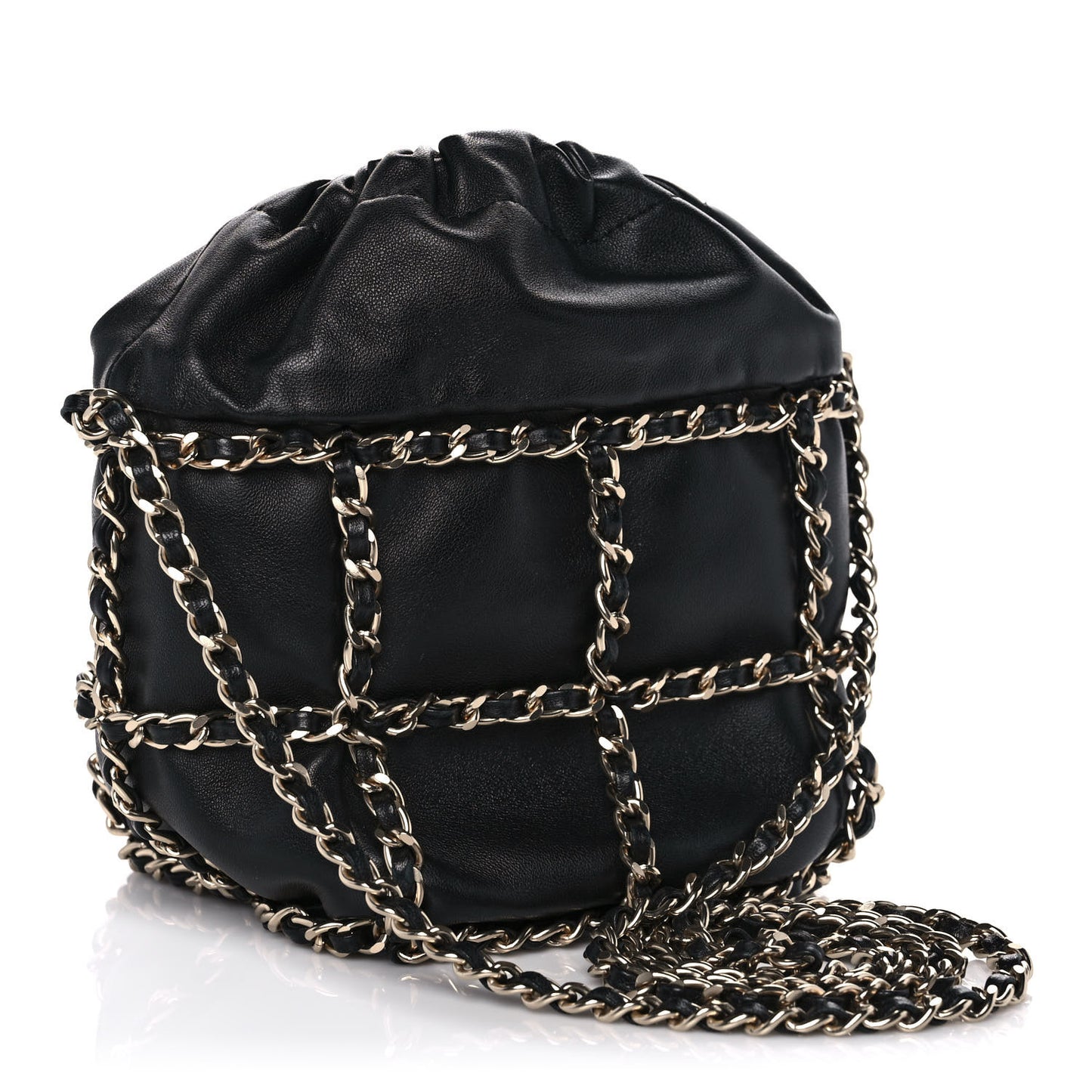 Lambskin Bucket Chain Drawstring Bag Black