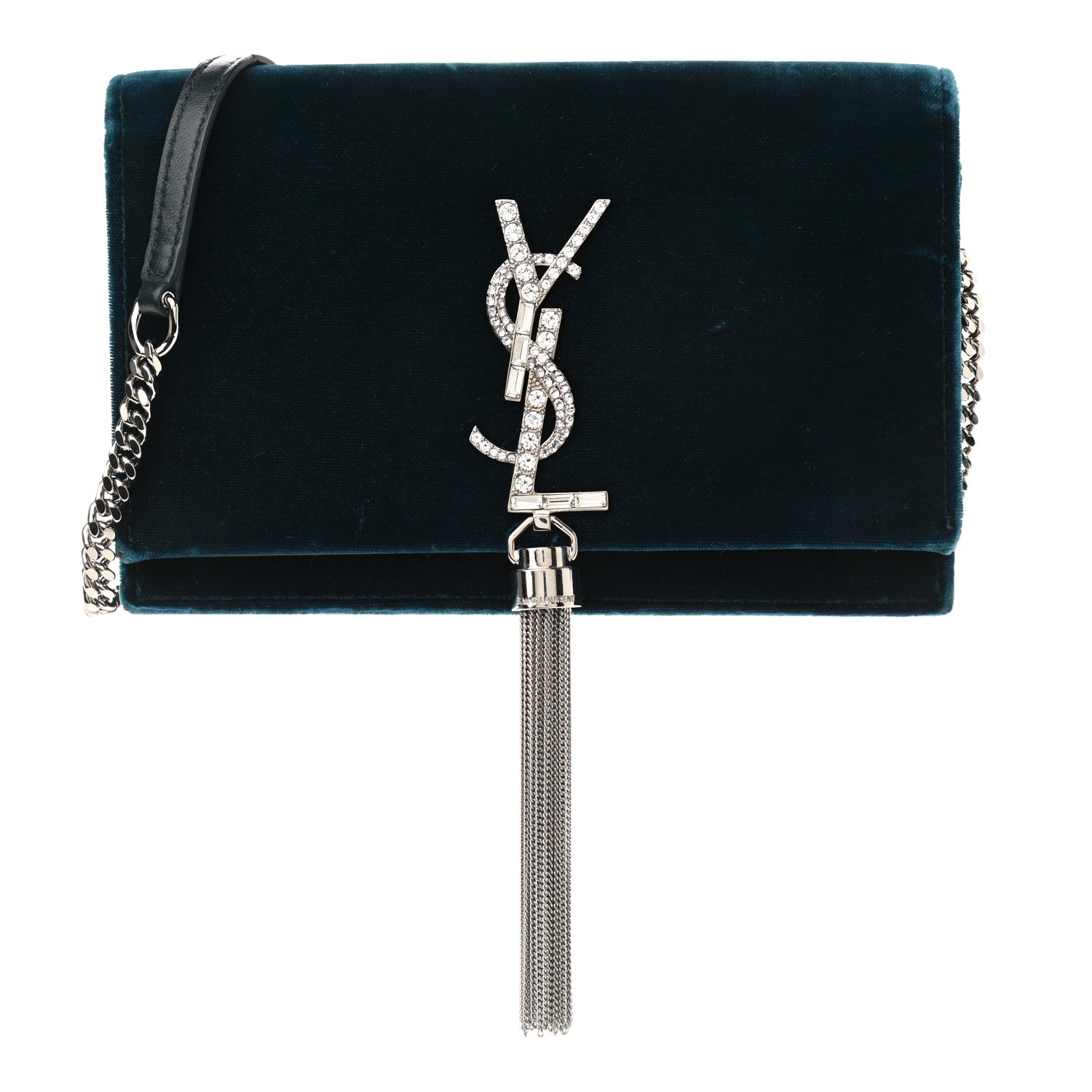 Saint Laurent Velvet Crystal Monogram Kate Tassel Chain Wallet Blue 1 of 16