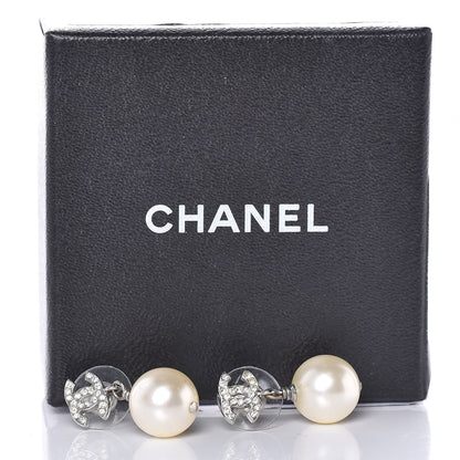 Chanel Crystal Pearl CC Drop Earrings Silver 4 of 4
