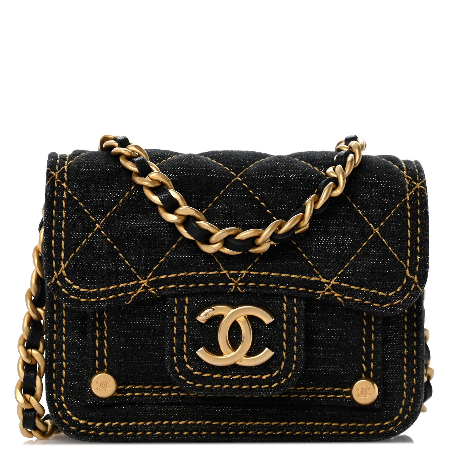 Denim Quilted Double You Mini Flap Black Golden