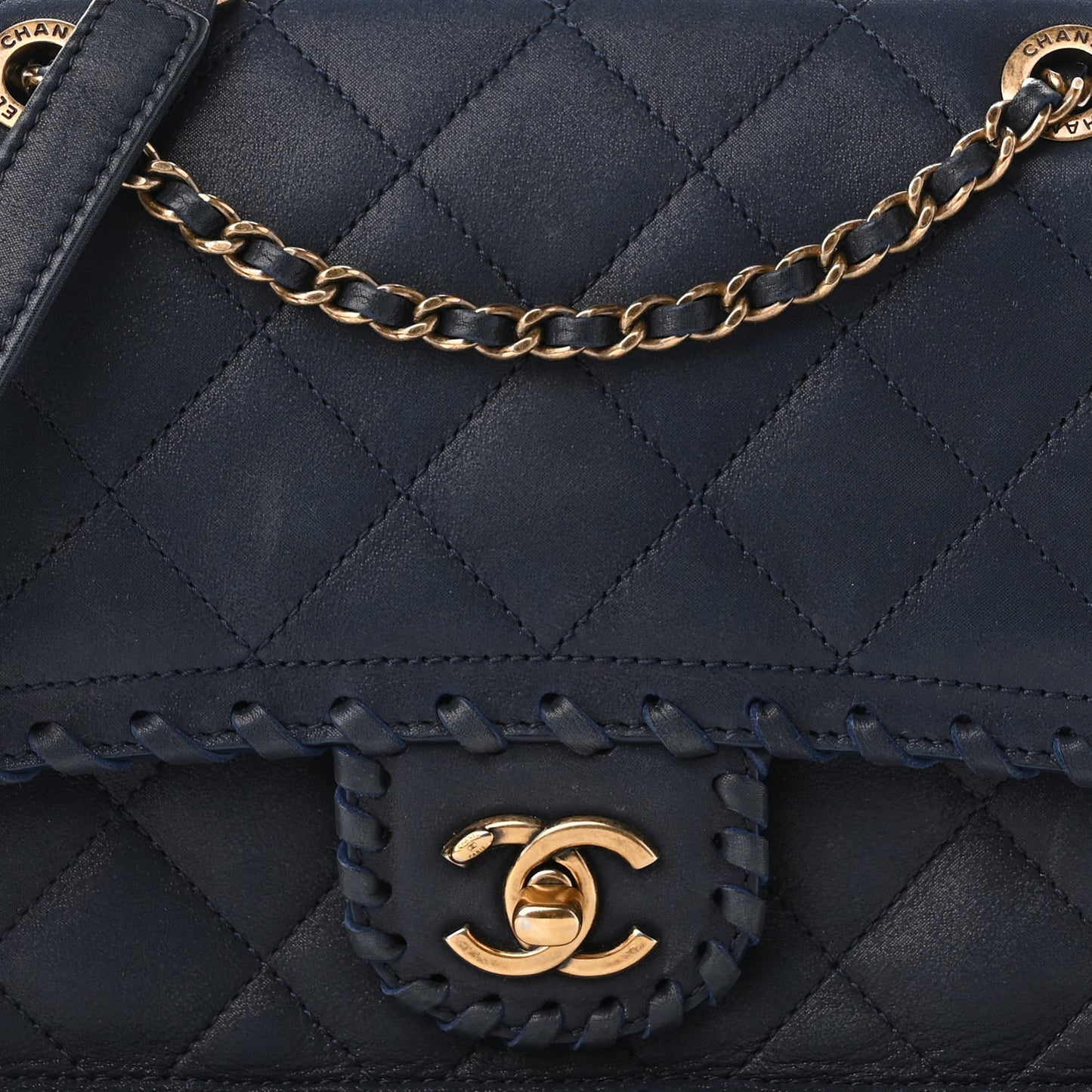 Iridescent Calfskin Small Happy Stitch Flap Navy