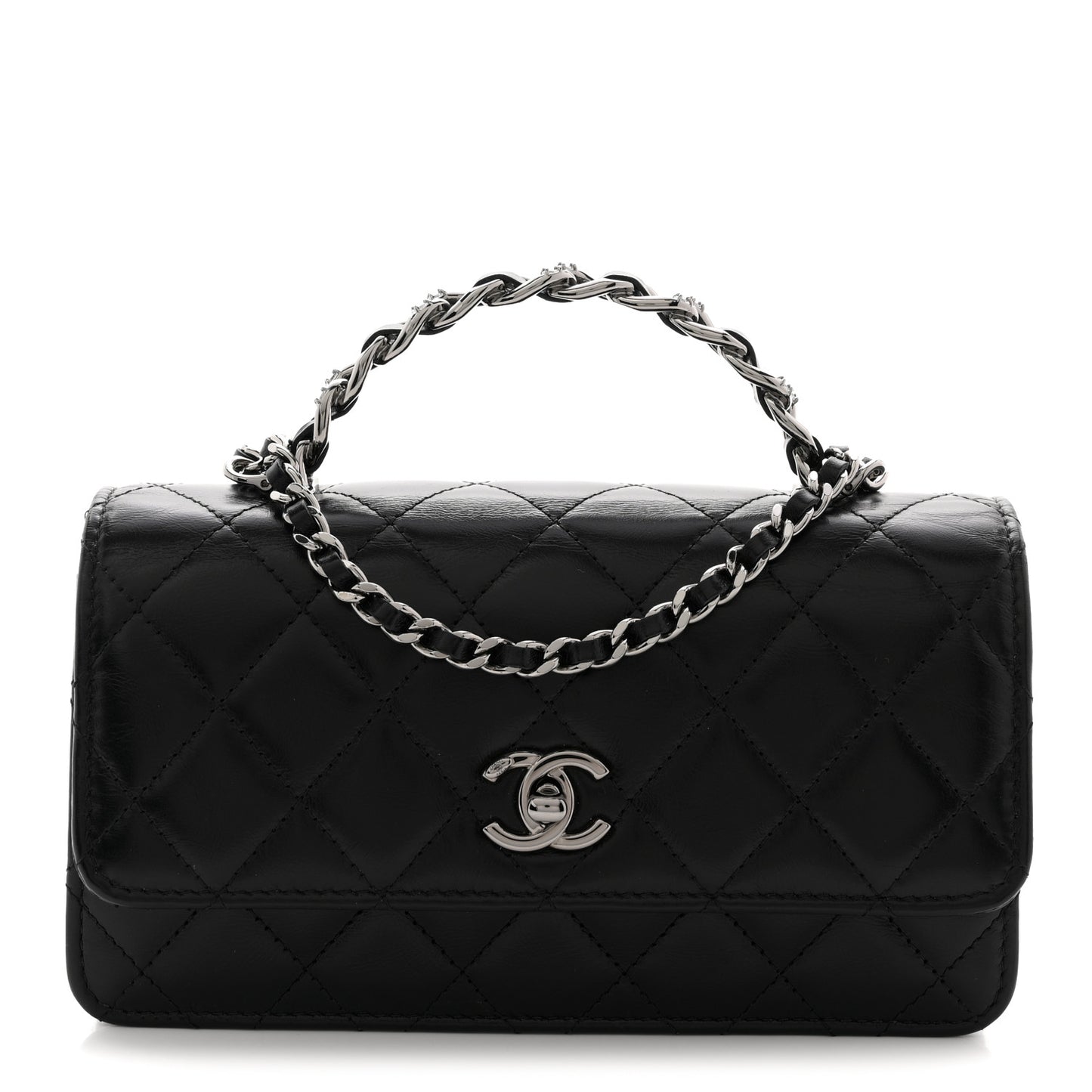 Shiny Crumpled Calfskin Crystal Quilted Precious Handle Clutch With Chain Black