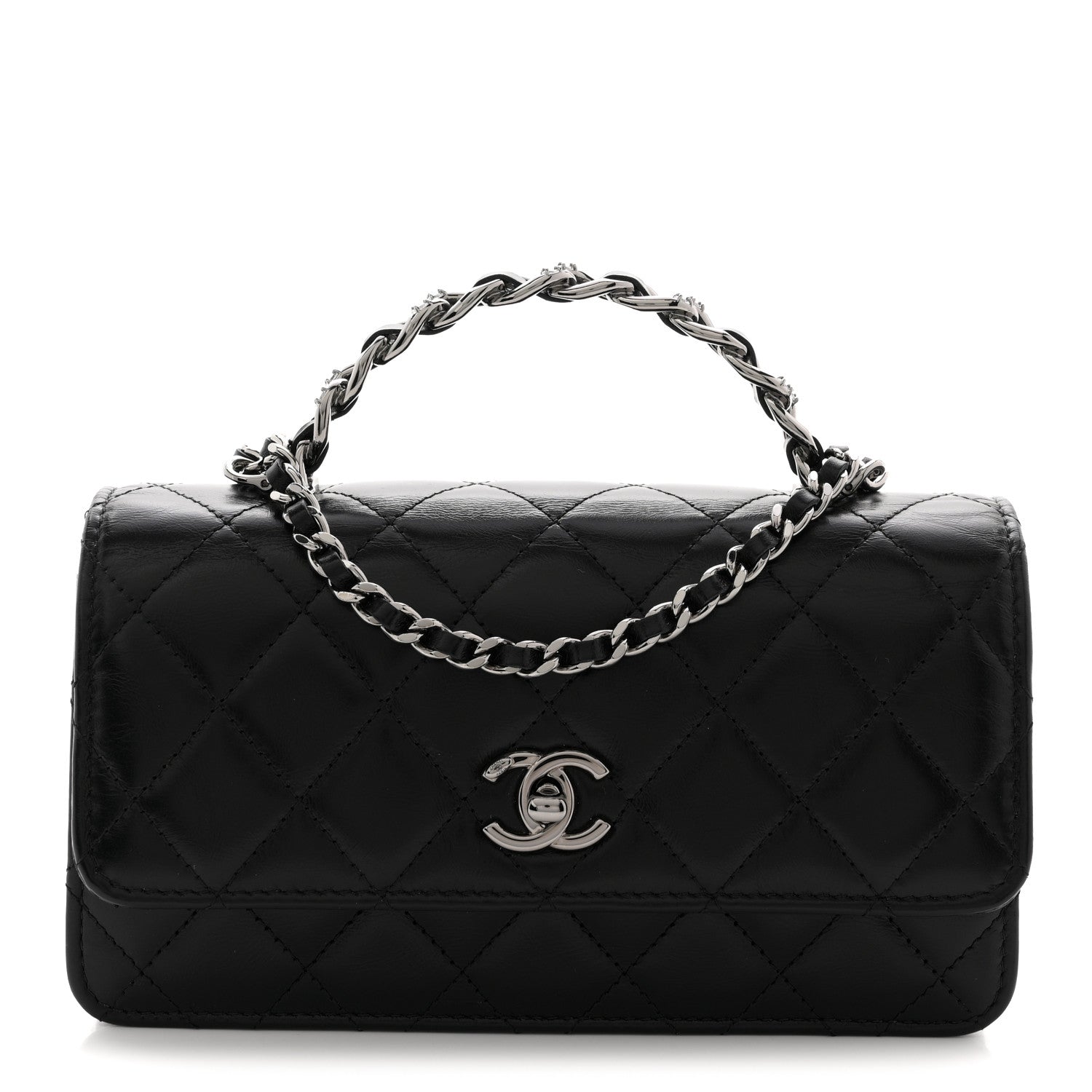 Chanel Shiny Crumpled Calfskin Crystal Quilted Precious Handle Clutch With Chain Black 1 of 10
