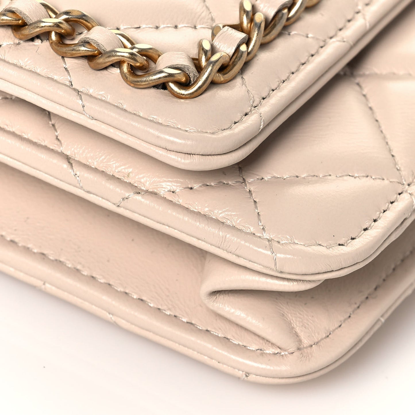 Lambskin Quilted Chain Around Wallet On Chain WOC Beige