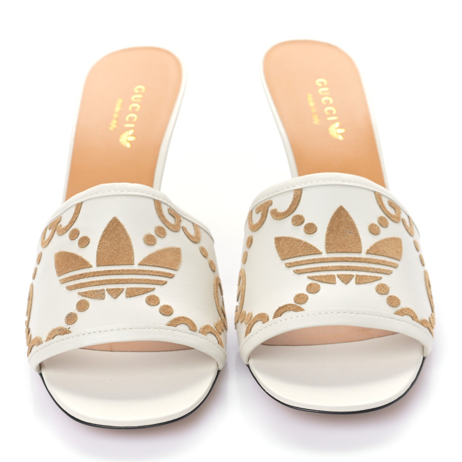 Gucci X ADIDAS Nappa Suede Monogram Jumbo GG Trefoil 75mm Slide Sandals 39.5 New Mystic White Sand 2 of 9
