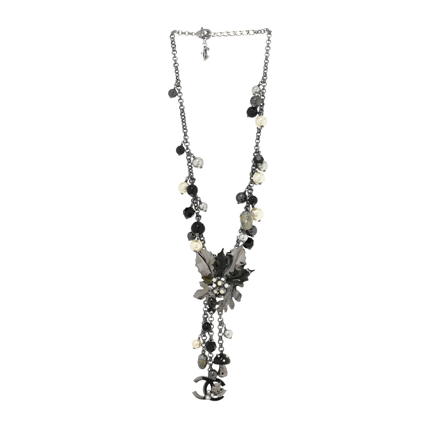 Chanel Pearl Crystal Long CC Autumn Necklace Ruthenium Black Grey 2 of 3