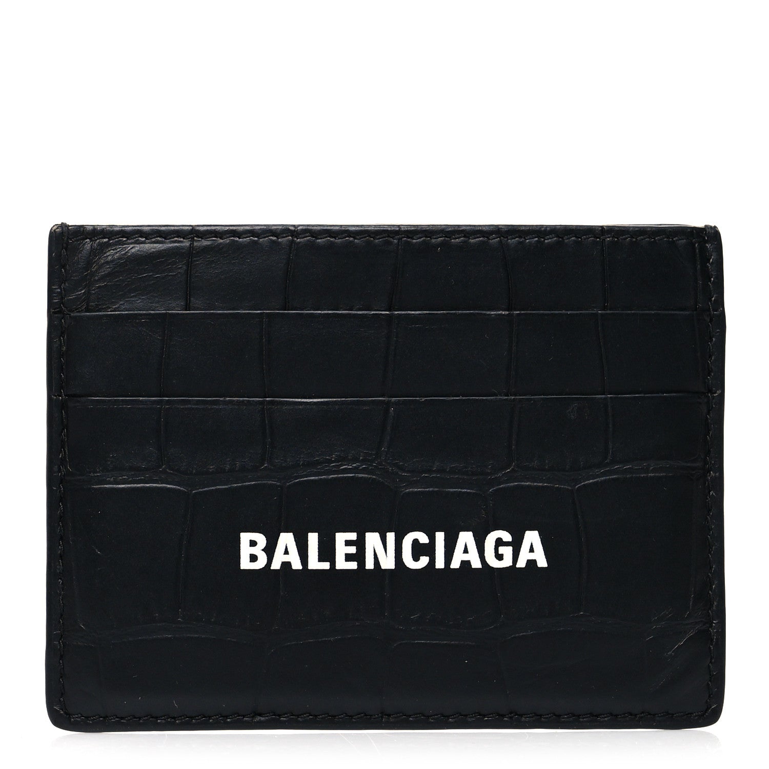 Balenciaga Semi Matte Calfskin Logo Crocodile Embossed Cash Card Holder Black 1 of 8