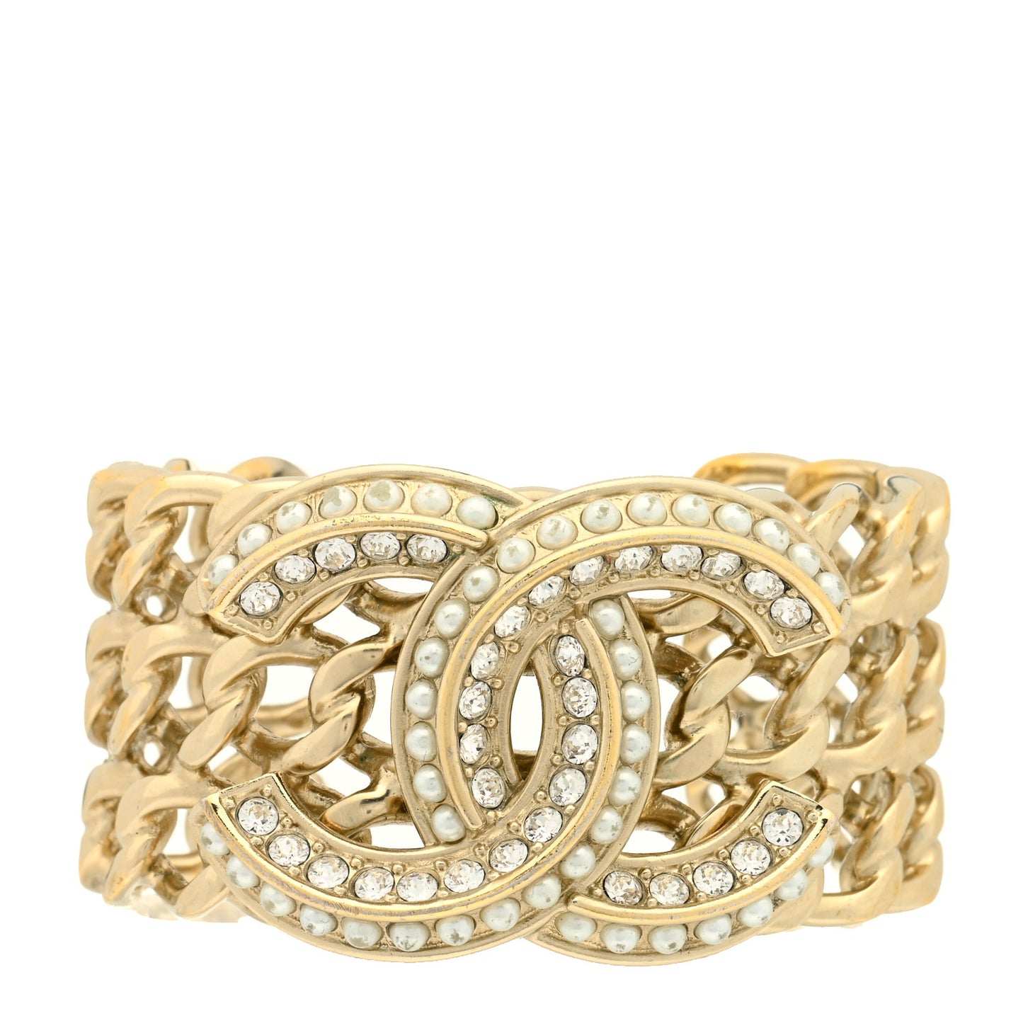 Crystal Pearl Chain CC Cuff Gold