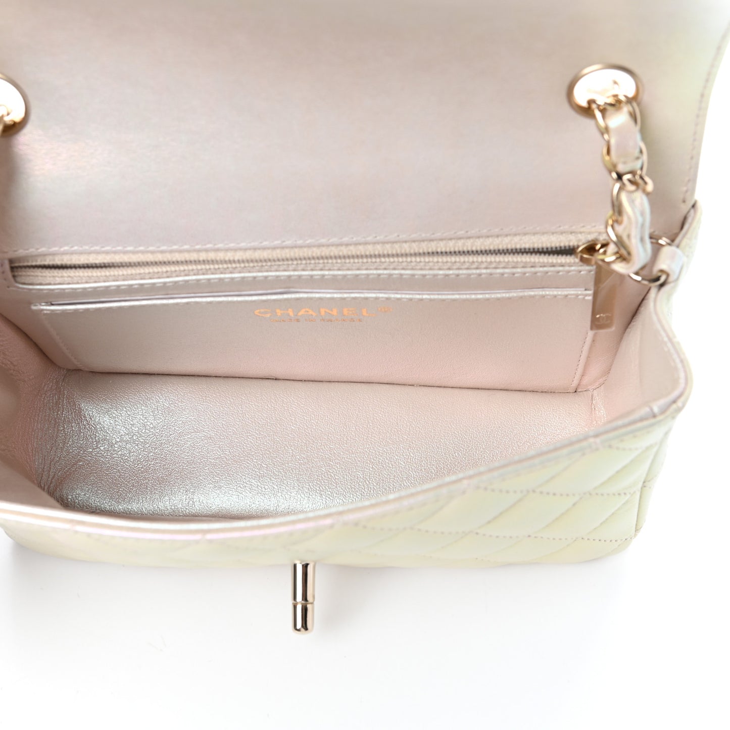 Iridescent Lambskin Quilted Mini Rectangular Flap Ivory