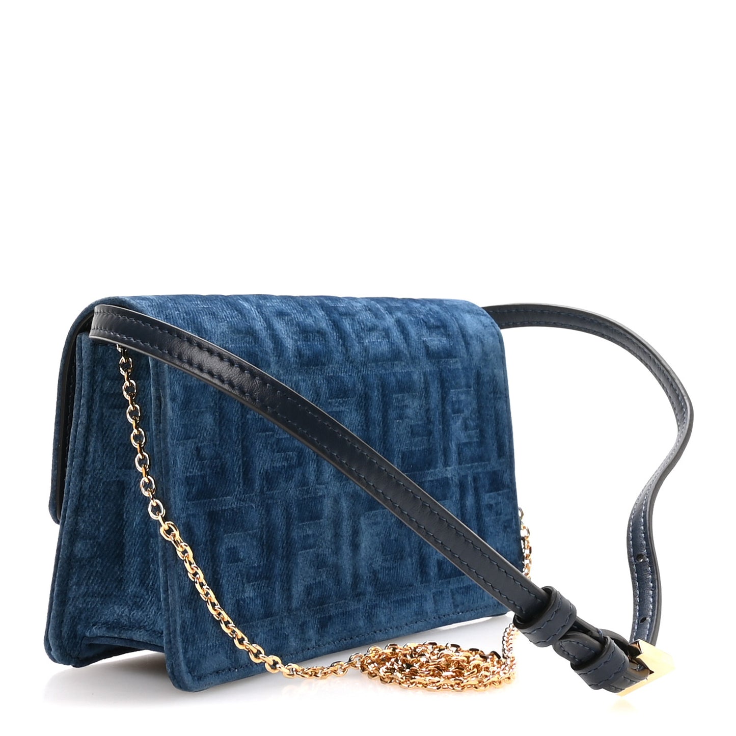 Flocked Denim FF Wallet On Chain Baguette Blue Abyss