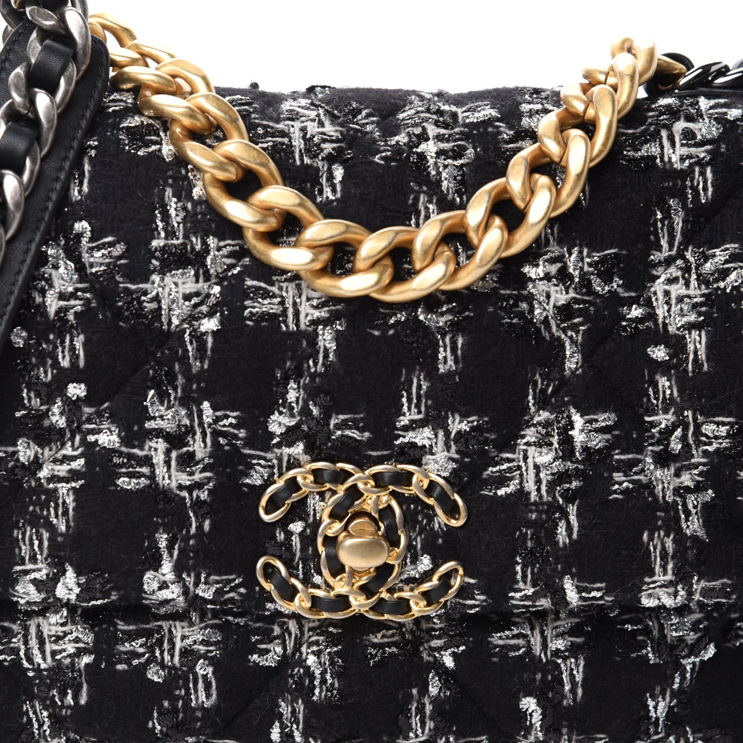 Tweed Quilted Medium Chanel 19 Flap Black Silver Ecru