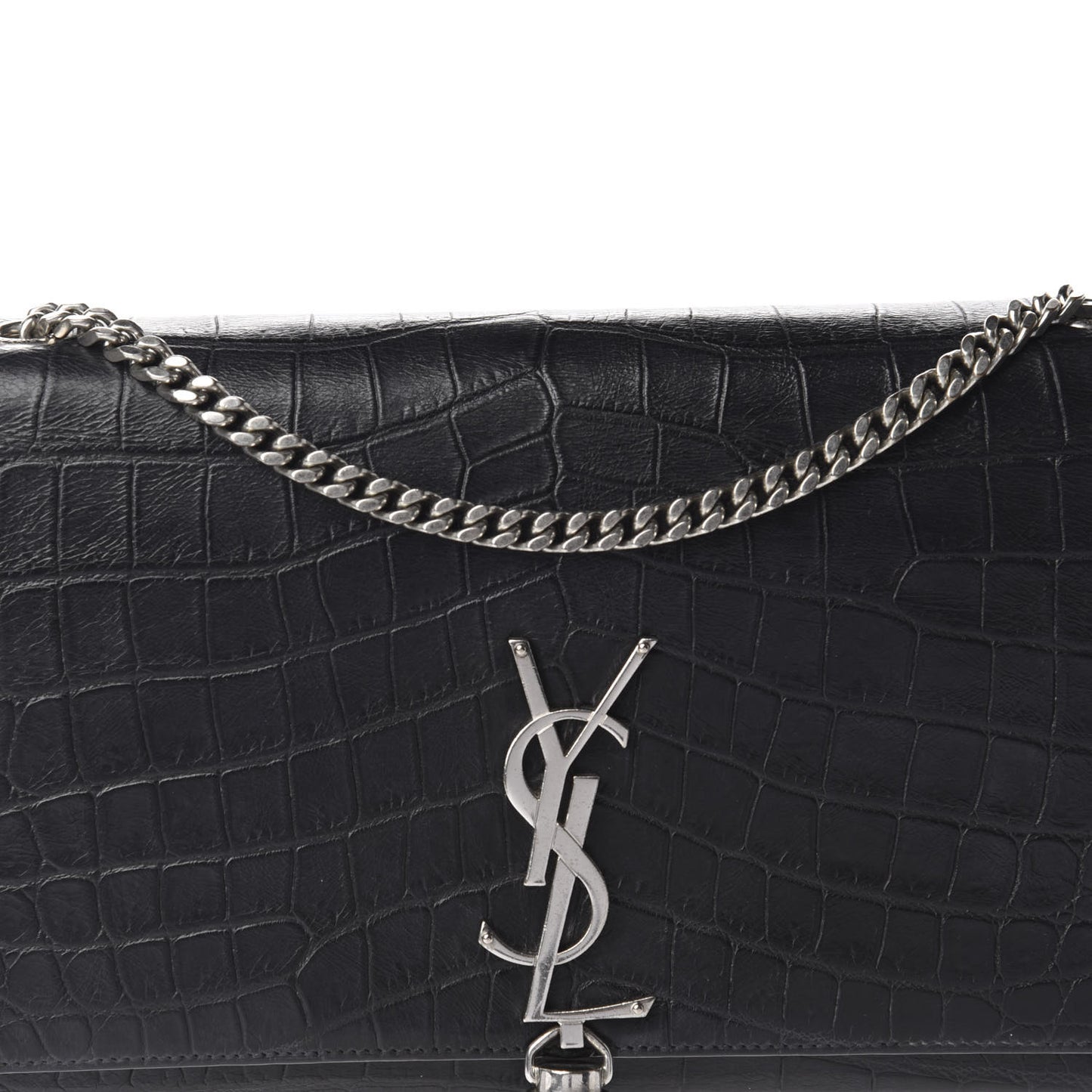 Calfskin Crocodile Embossed Medium Classic Monogram Kate Tassel Satchel Black