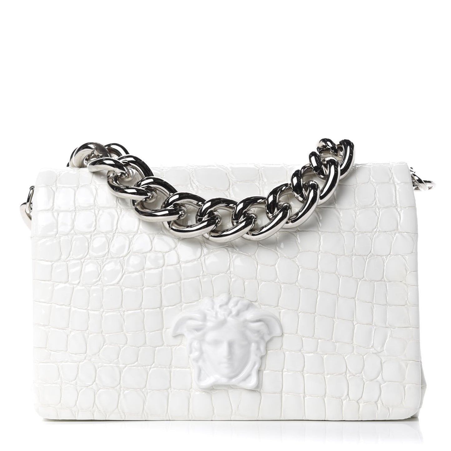 Croc Stamped Patent Palazzo Sultan Shoulder Bag White