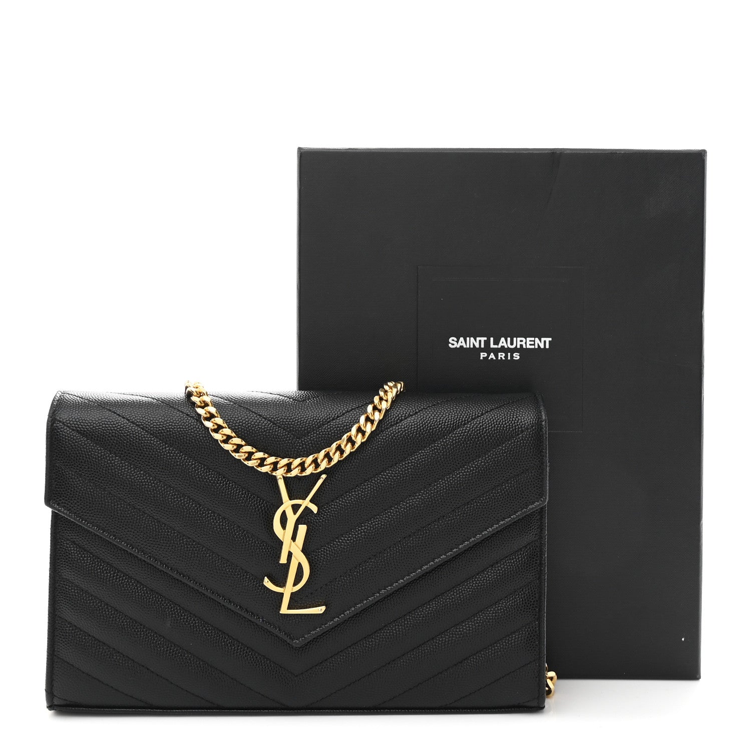 Saint Laurent Grain De Poudre Matelasse Chevron Monogram Chain Wallet Black 12 of 12