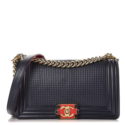 Chanel Lambskin Embossed Medium Boy Cube Flap Navy 1 of 10