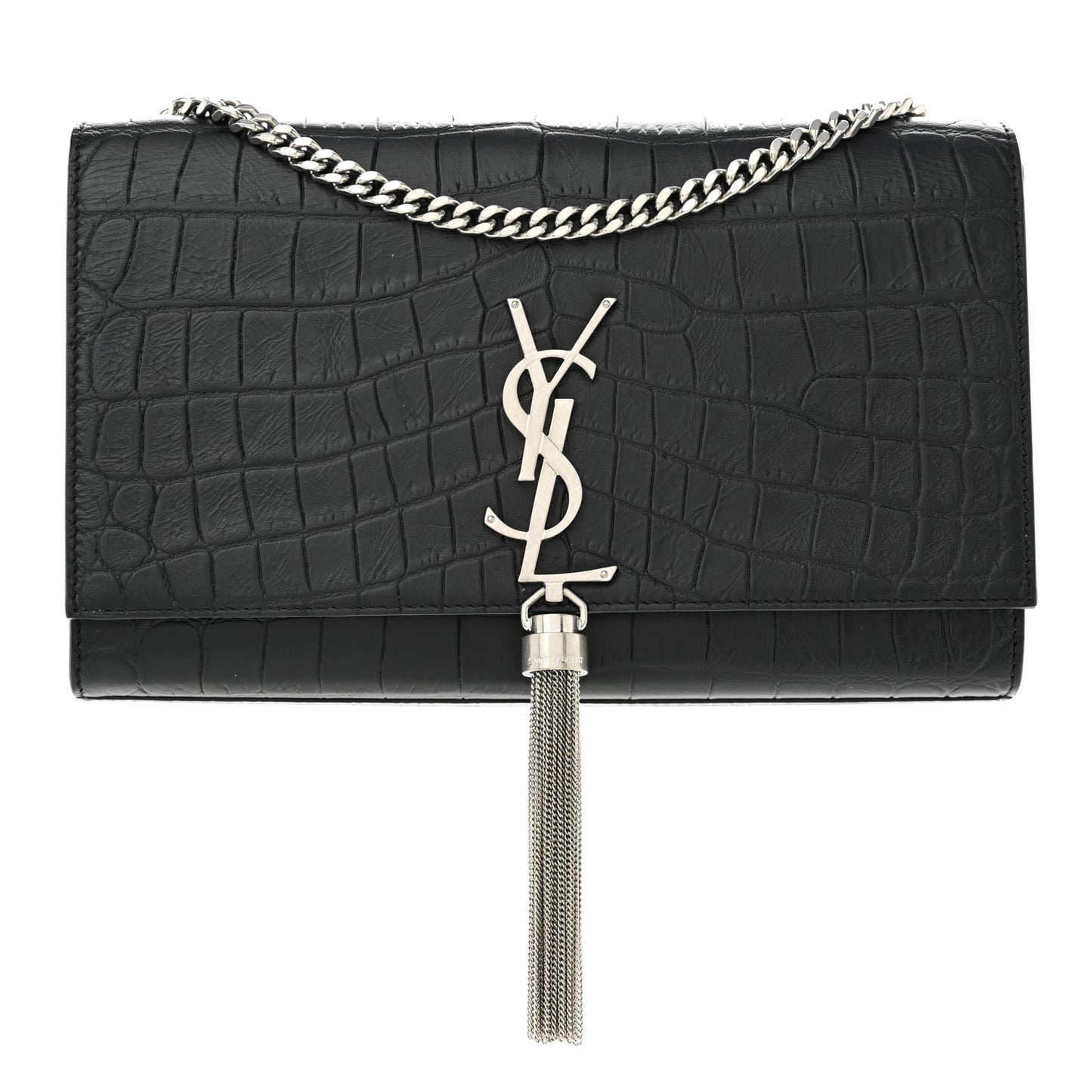 Calfskin Crocodile Embossed Medium Classic Monogram Kate Tassel Satchel Black