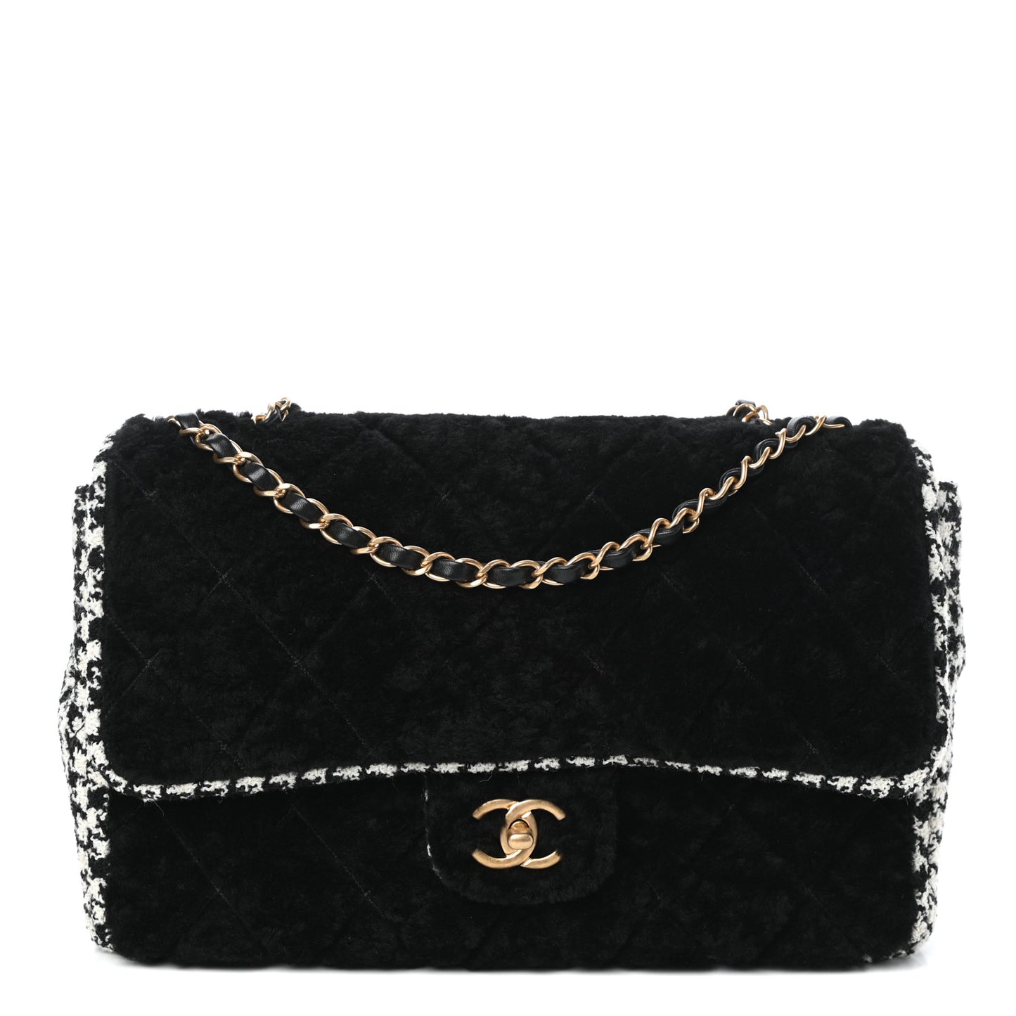 Shearling Tweed Jumbo Single Flap Black White
