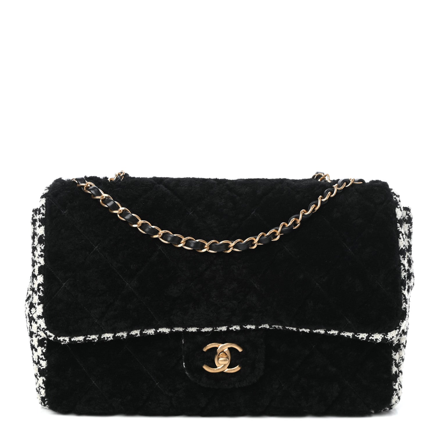 Chanel Shearling Tweed Jumbo Single Flap Black White 1 of 10