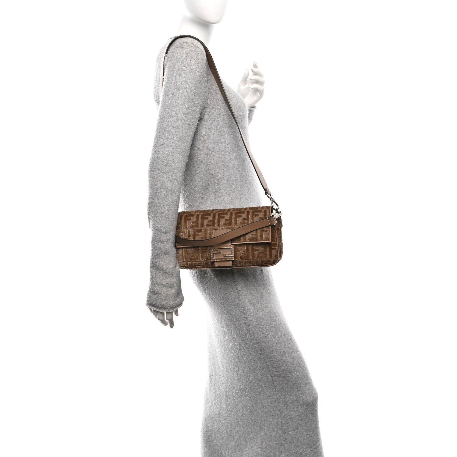 Fendi Velvet Jacquard FF Crystal Baguette Cappuccino 1741363