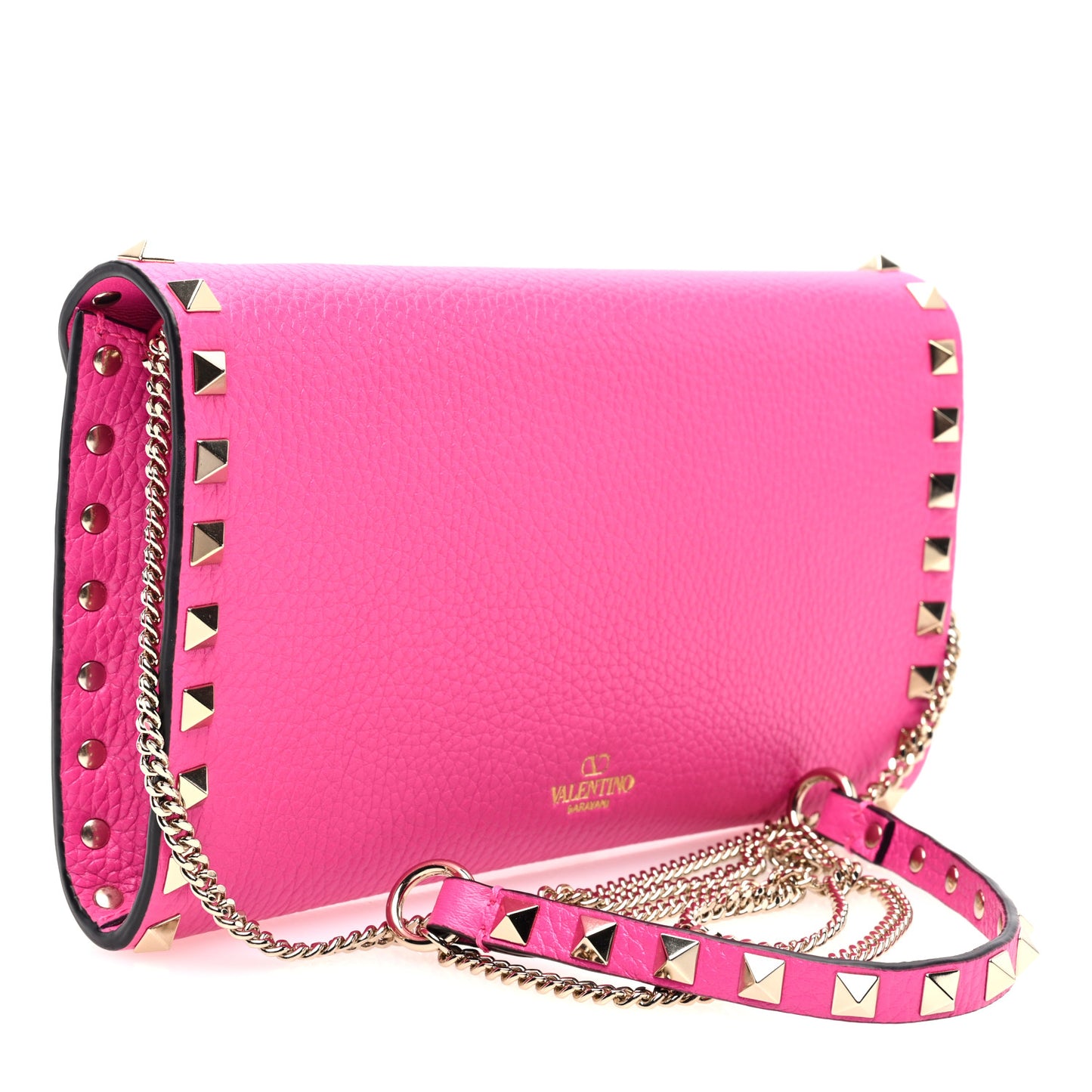 Grainy Calfskin Rockstud Flip Lock Wallet With Chain Pink PP