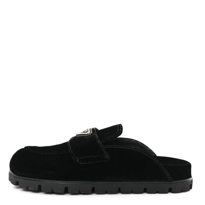 Prada Velluto Metal Triangle Logo 20mm Flat Mules 35 Black 1 of 10