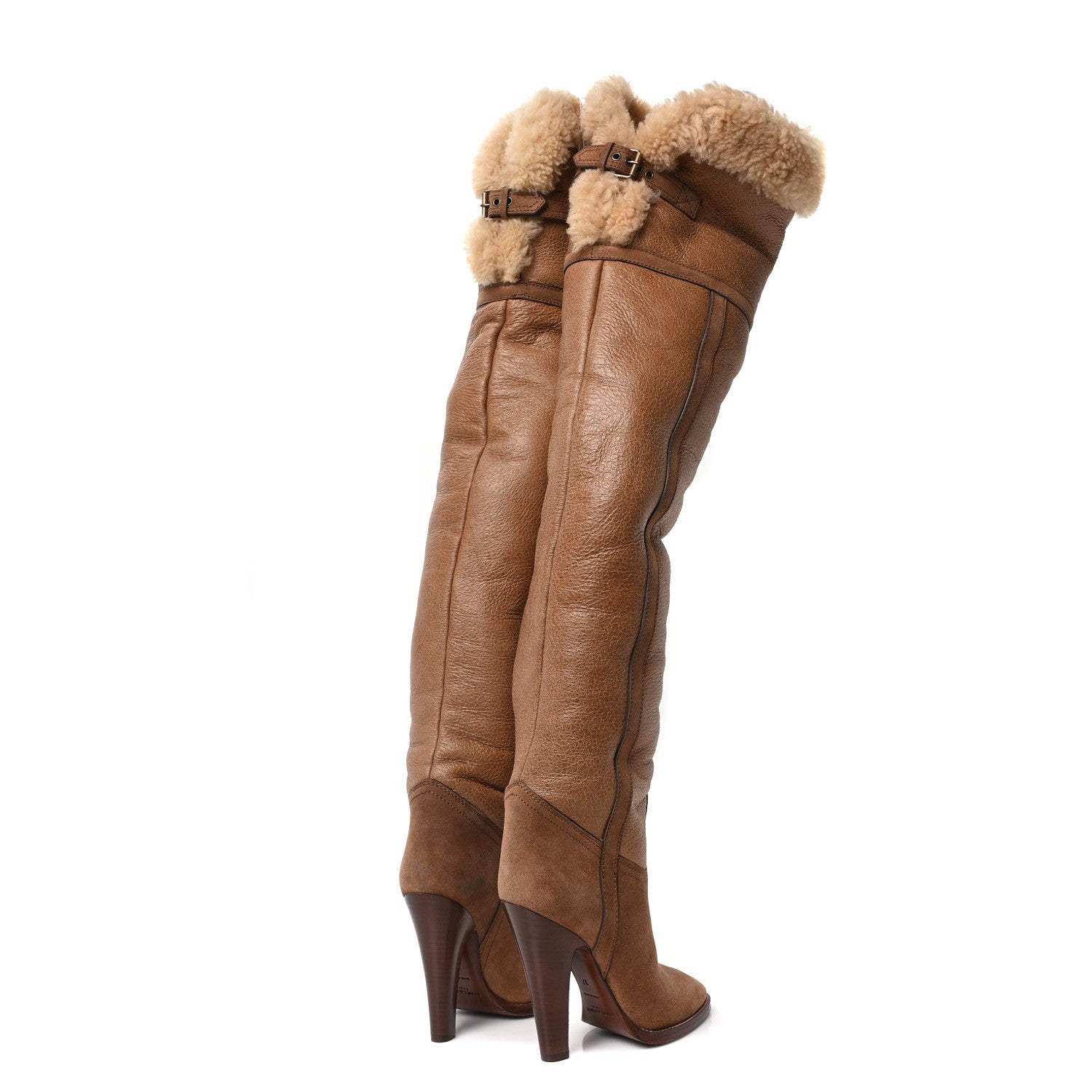 Saint Laurent Suede Calfskin Shearling Tomcat Over The Knee Boots 37 Cognac 5 of 7