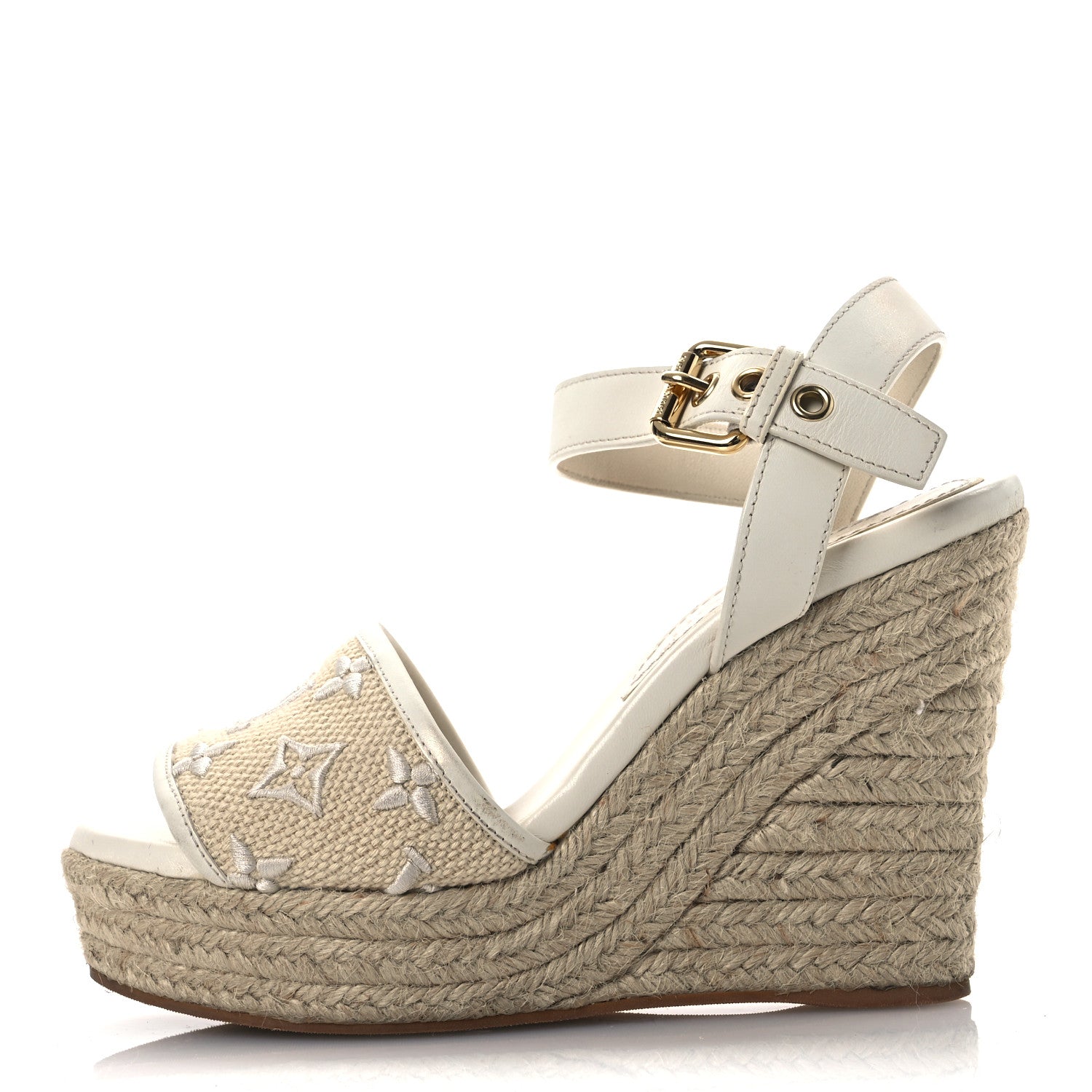 Louis Vuitton Canvas Monogram Starboard Espadrille Wedge Sandals 37.5 Beige White 37.5 Beige White 1 of 13
