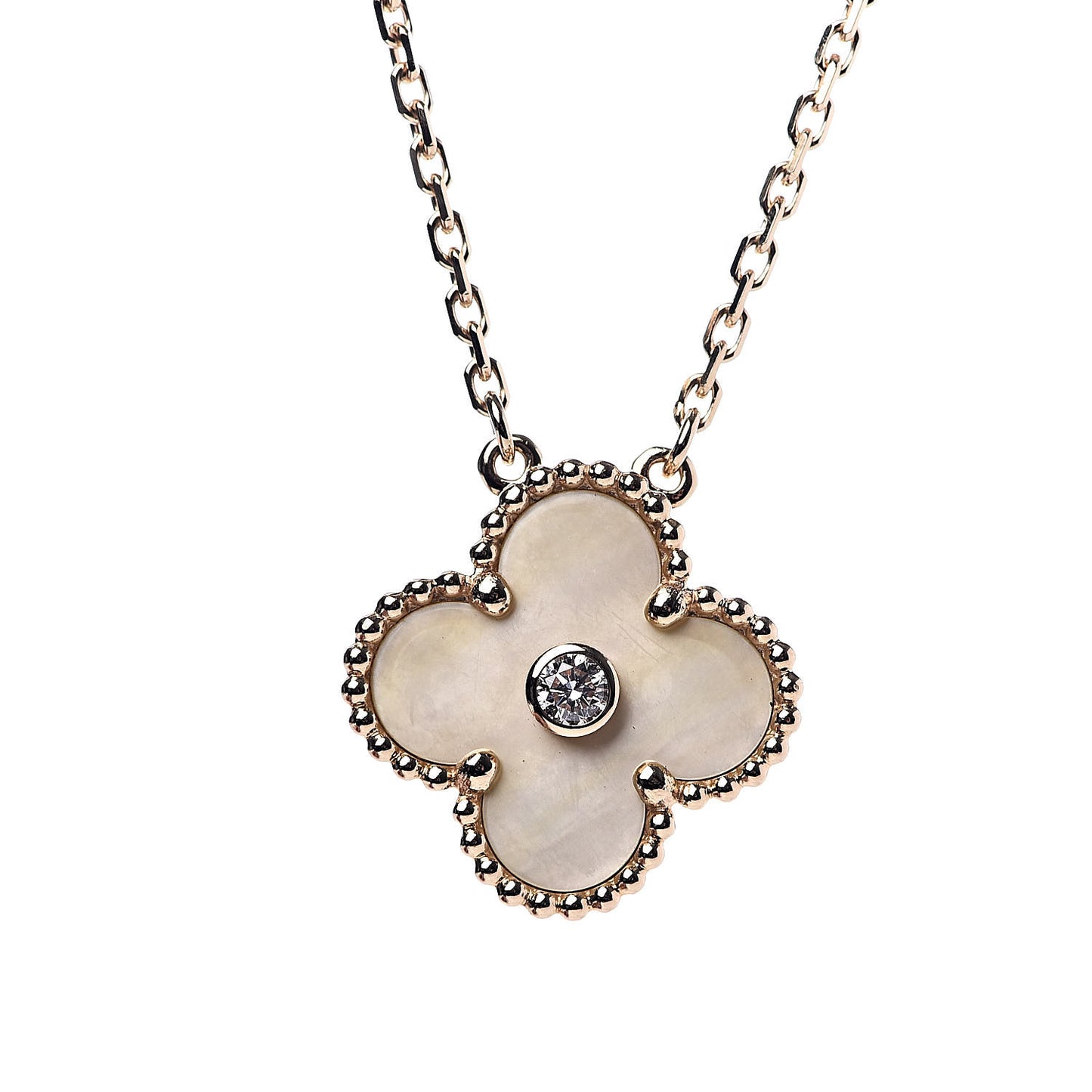 18K Yellow Gold Diamond Yellow Mother of Pearl Vintage Alhambra Pendant Necklace