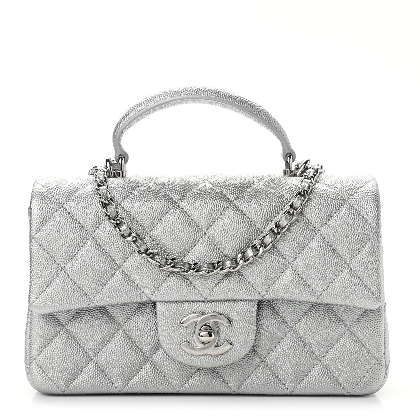 Metallic Caviar Quilted Mini Top Handle Rectangular Flap Silver