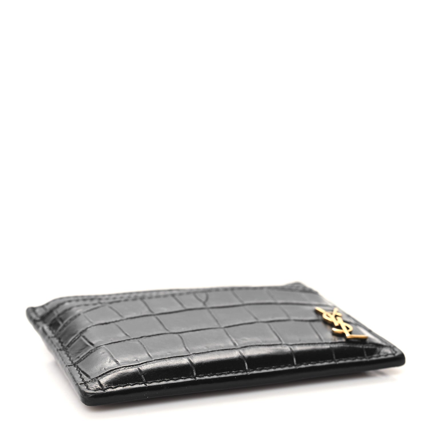 Saint Laurent Calfskin Crocodile Embossed Monogram Tiny Cassandra Credit Card Case Black 4 of 10