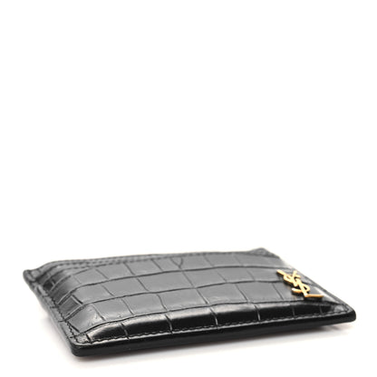 Saint Laurent Calfskin Crocodile Embossed Monogram Tiny Cassandra Credit Card Case Black 4 of 10