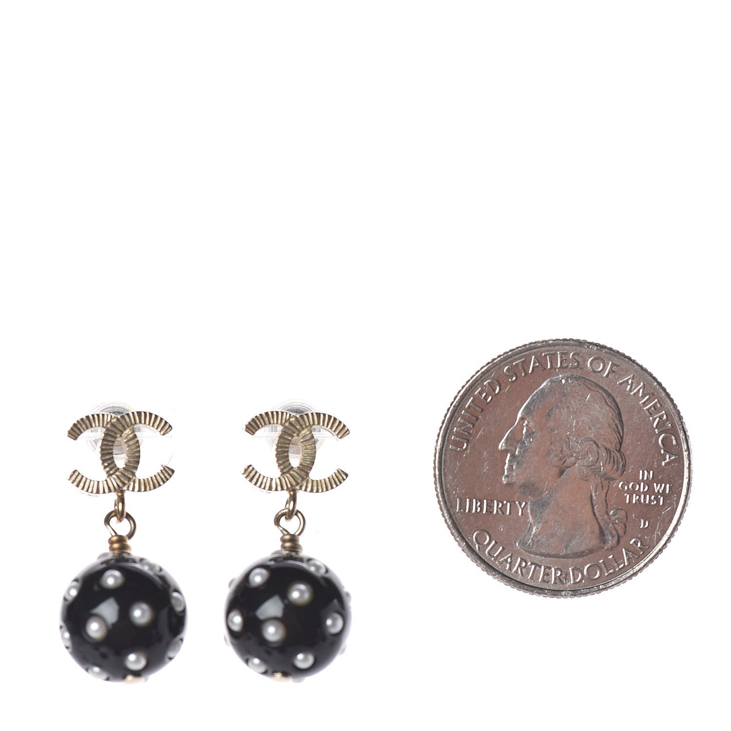Chanel CC Bead Pearl Drop Earrings Gold Black 2 of 5