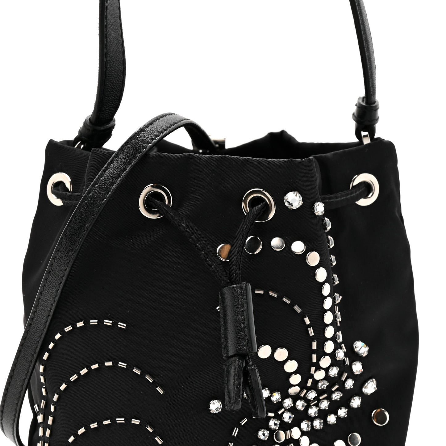 Tessuto Saffiano Ricamo Sequin Crystal Embellished Mini Re-Edition 1978 Bucket Bag Black