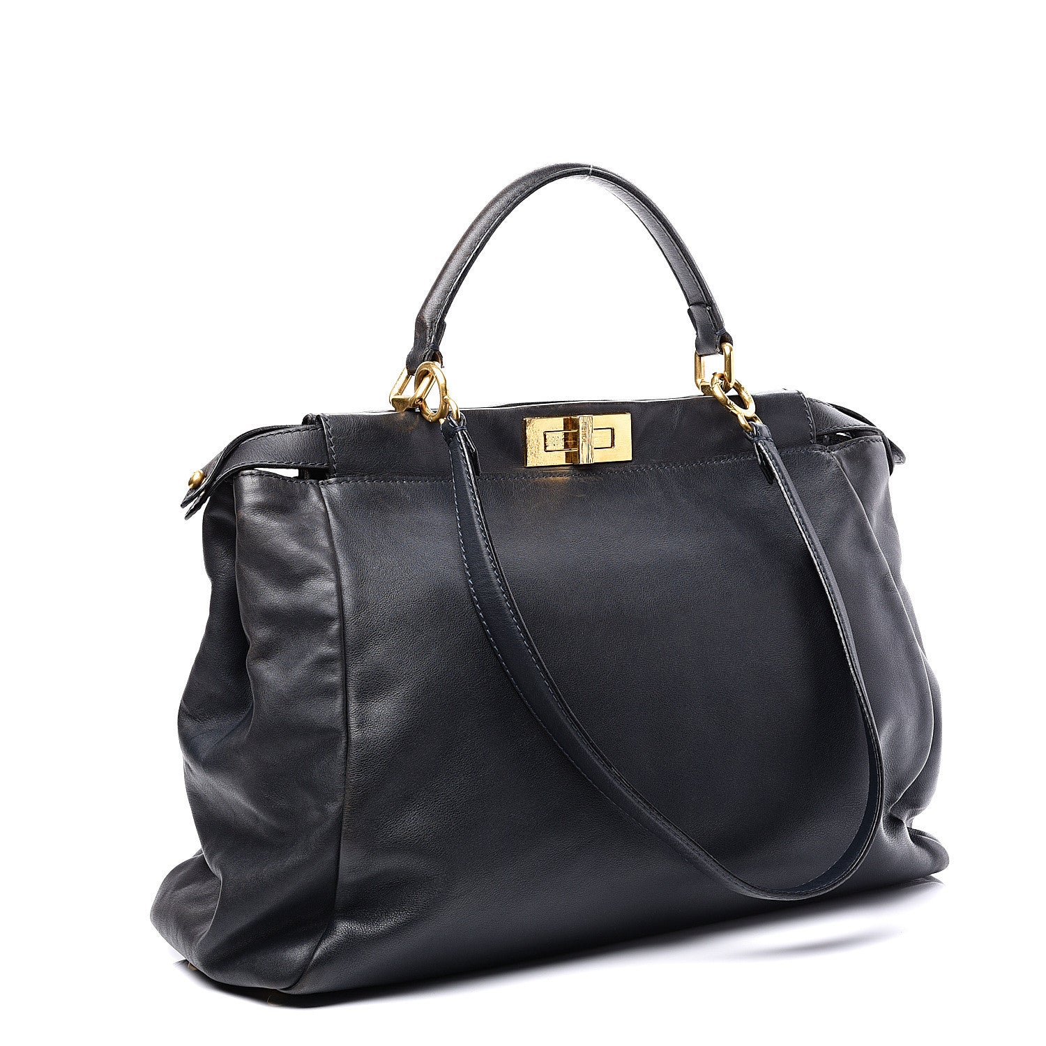 Fendi Calfskin Denim Zucca Large Peekaboo Iconic Satchel Navy 2 of 11