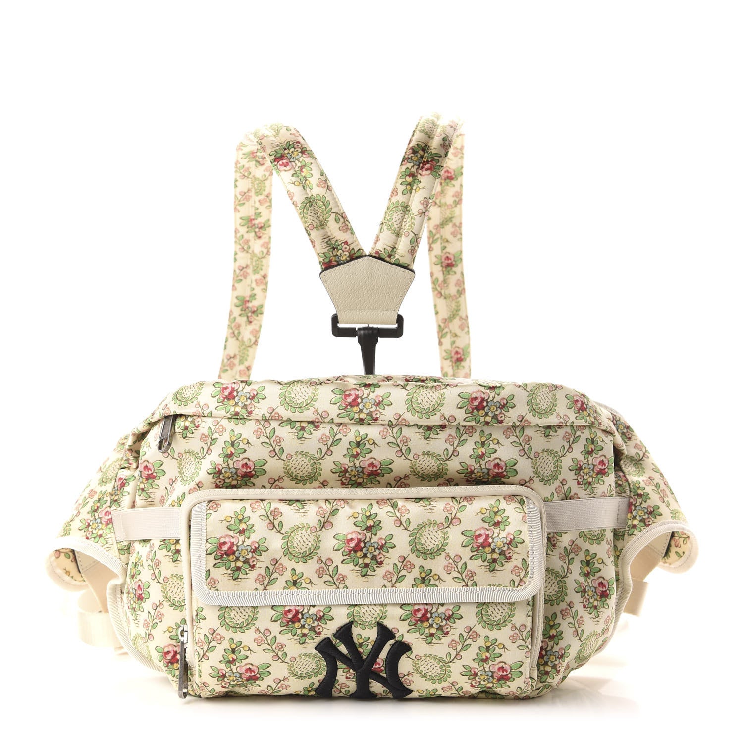 Gucci X MLB Satin Floral Print NY Yankees Patch Convertible Belt Bag Ivory Green 1 of 10