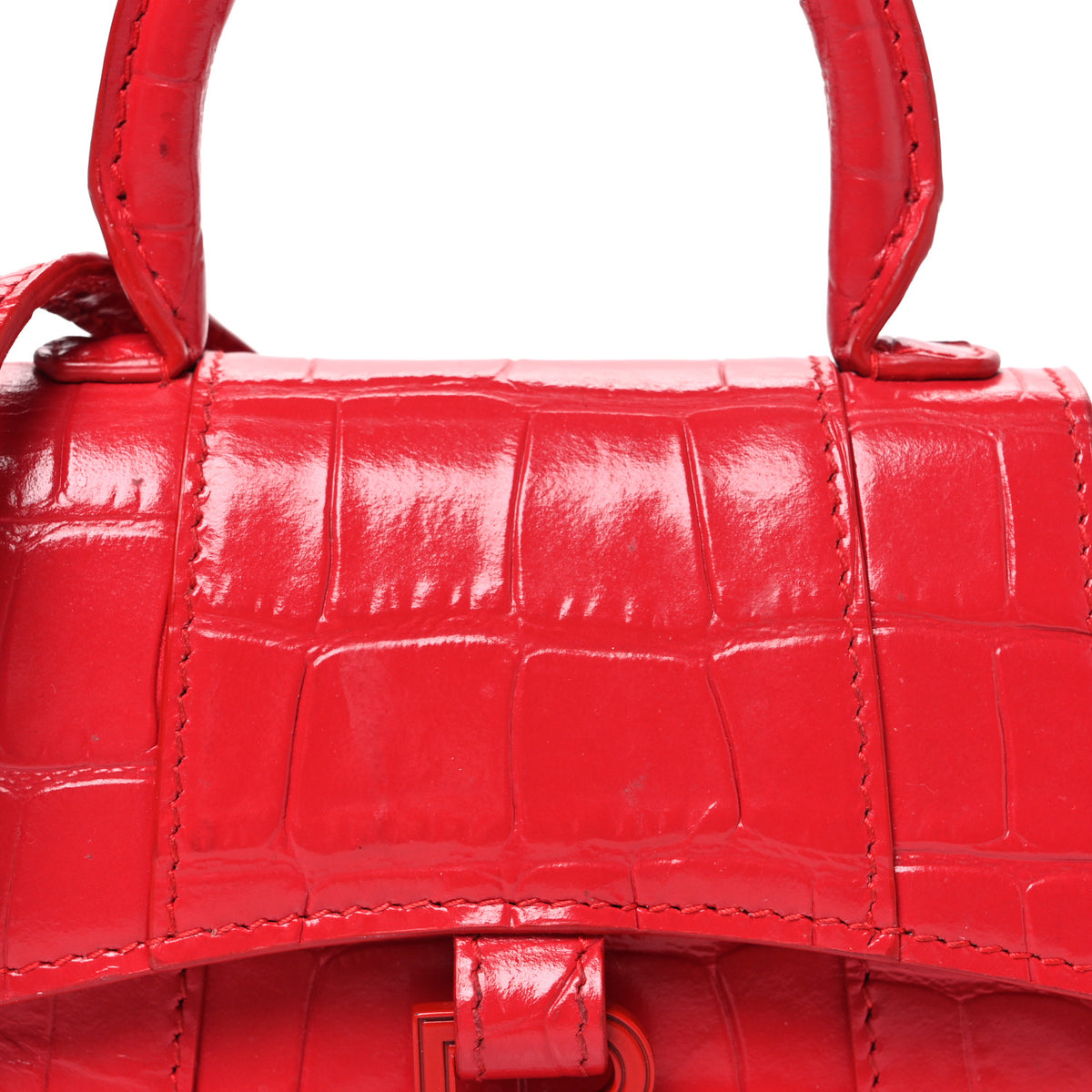 Shiny Calfskin Tonal B Crocodile Embossed Hourglass Top Handle Bag Mini Bright Red