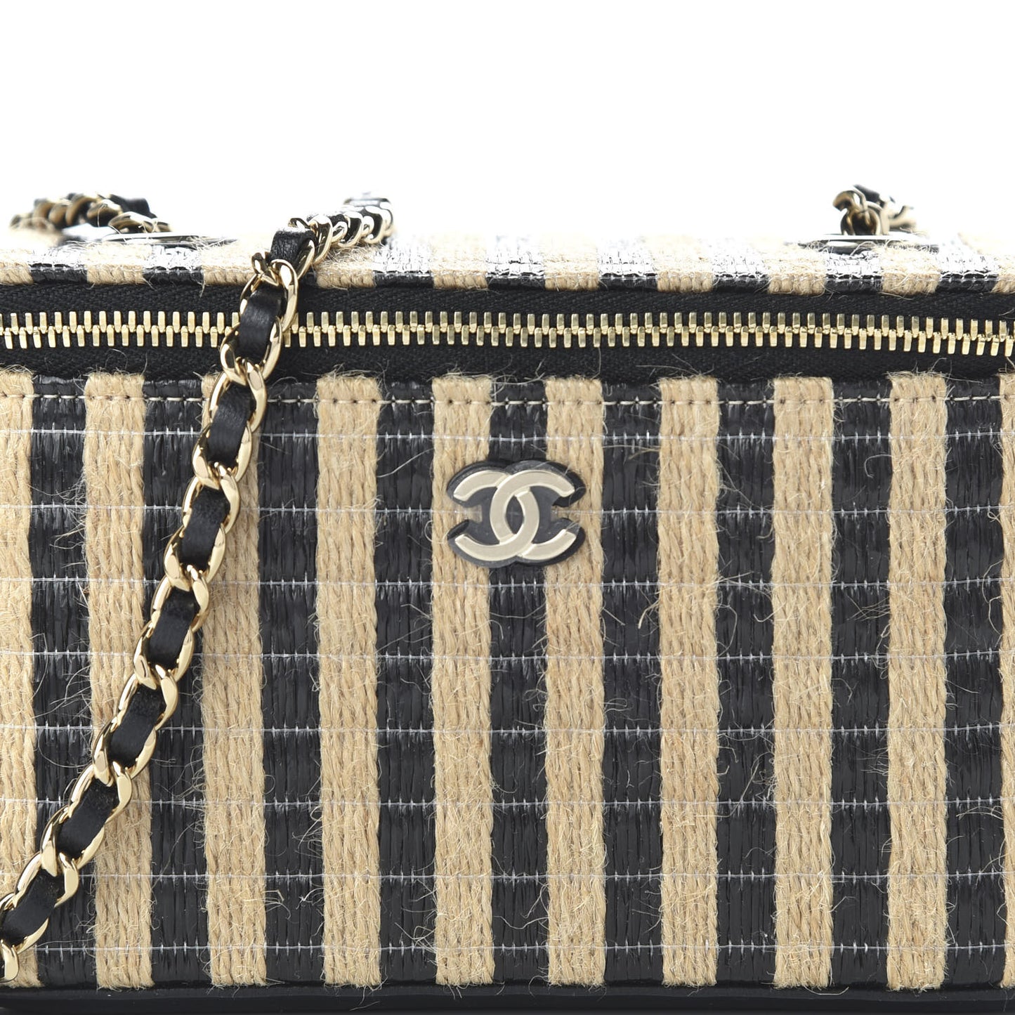 Raffia Jute Striped Small Vanity Case With Chain Black Beige