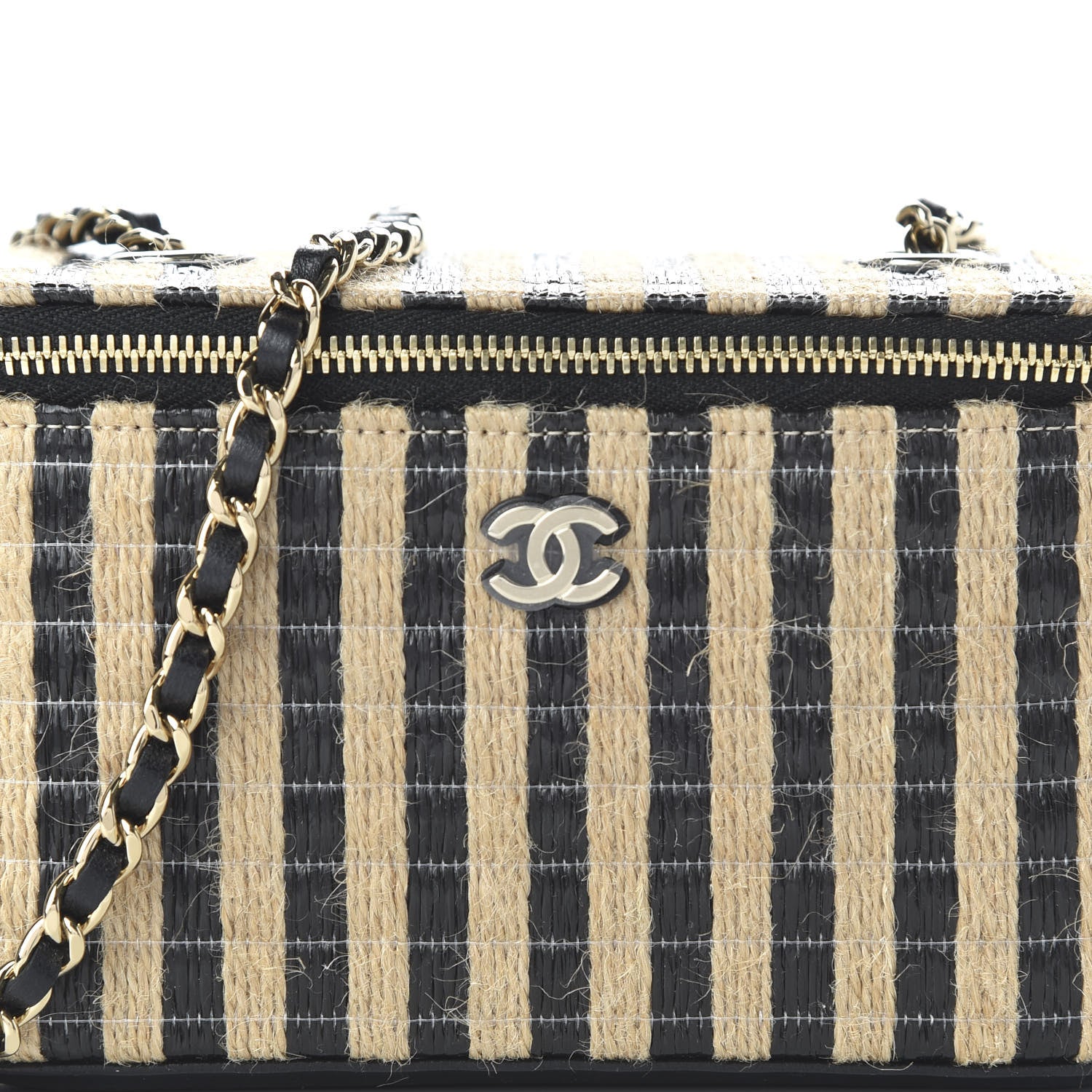 Chanel Raffia Jute Striped Small Vanity Case With Chain Black Beige 10 of 11