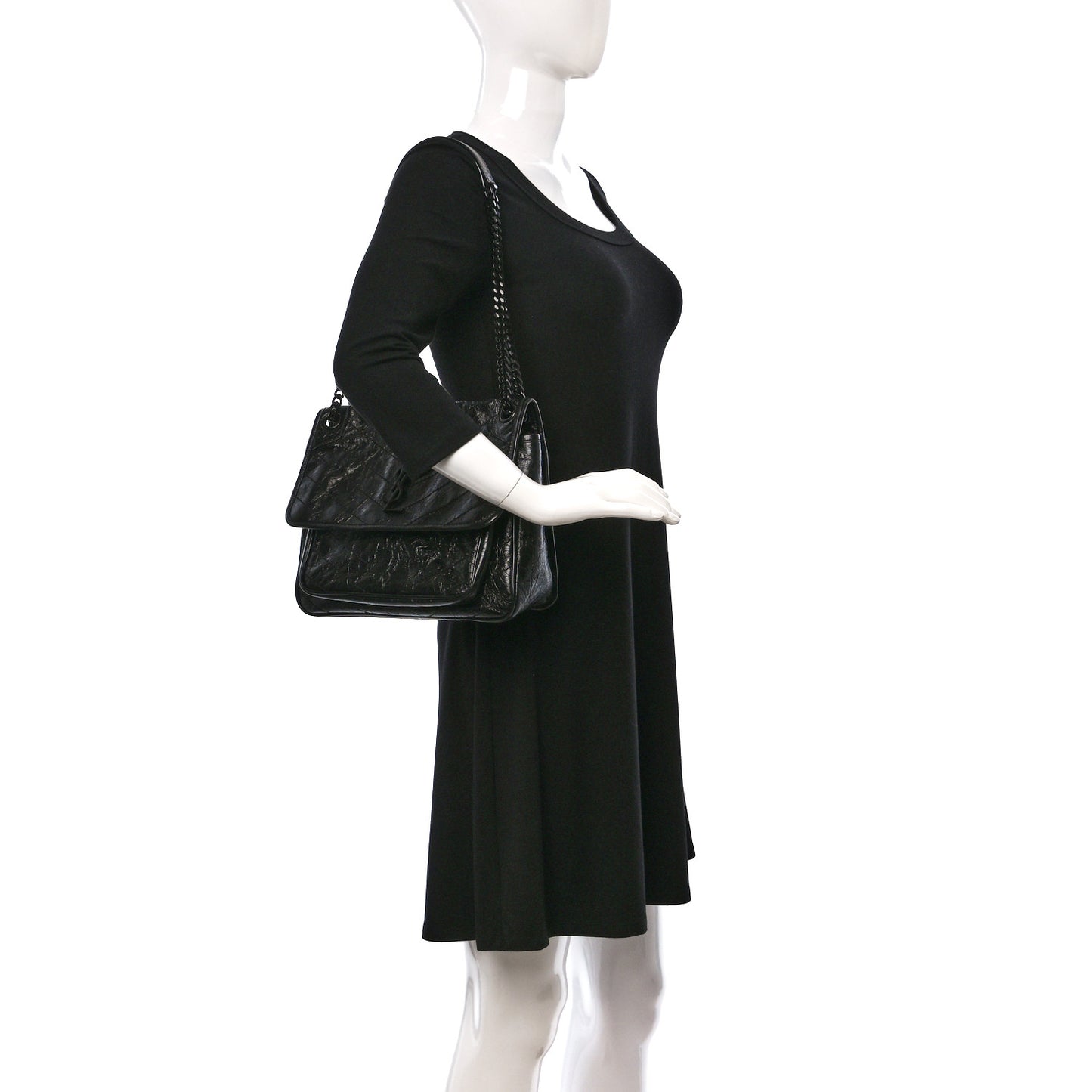 Crinkled Calfskin Matelasse Monogram Medium Niki Chain Satchel Black