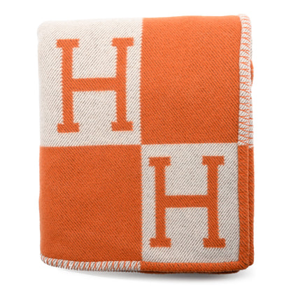 Hermes Wool Cashmere Signature Classic Avalon Blanket Ecru Potiron 1 of 3