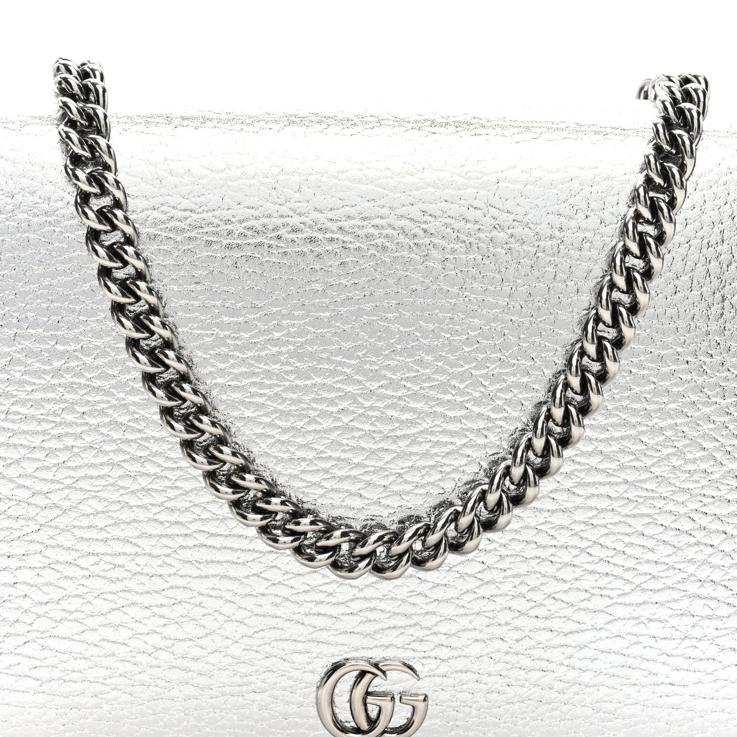 Metallic Dollar Calfskin Mini GG Marmont Chain Wallet Silver