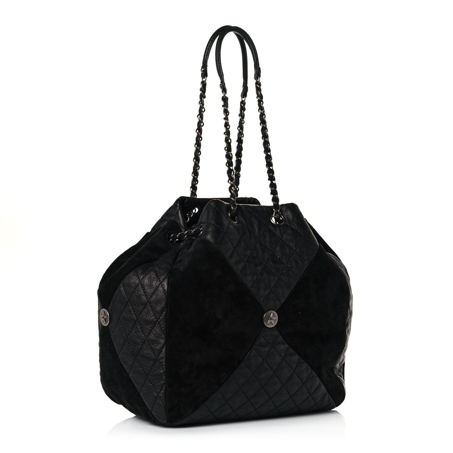 Goatskin Suede Calfskin Quilted Patchwork Drawstring Bag Black