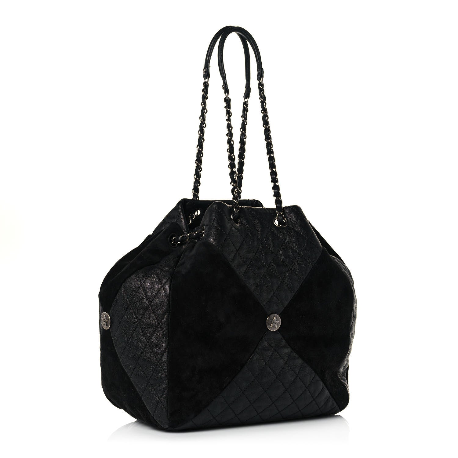 Chanel Goatskin Suede Calfskin Quilted Patchwork Drawstring Bag Black 3 of 14