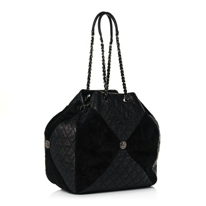 Chanel Goatskin Suede Calfskin Quilted Patchwork Drawstring Bag Black 3 of 14
