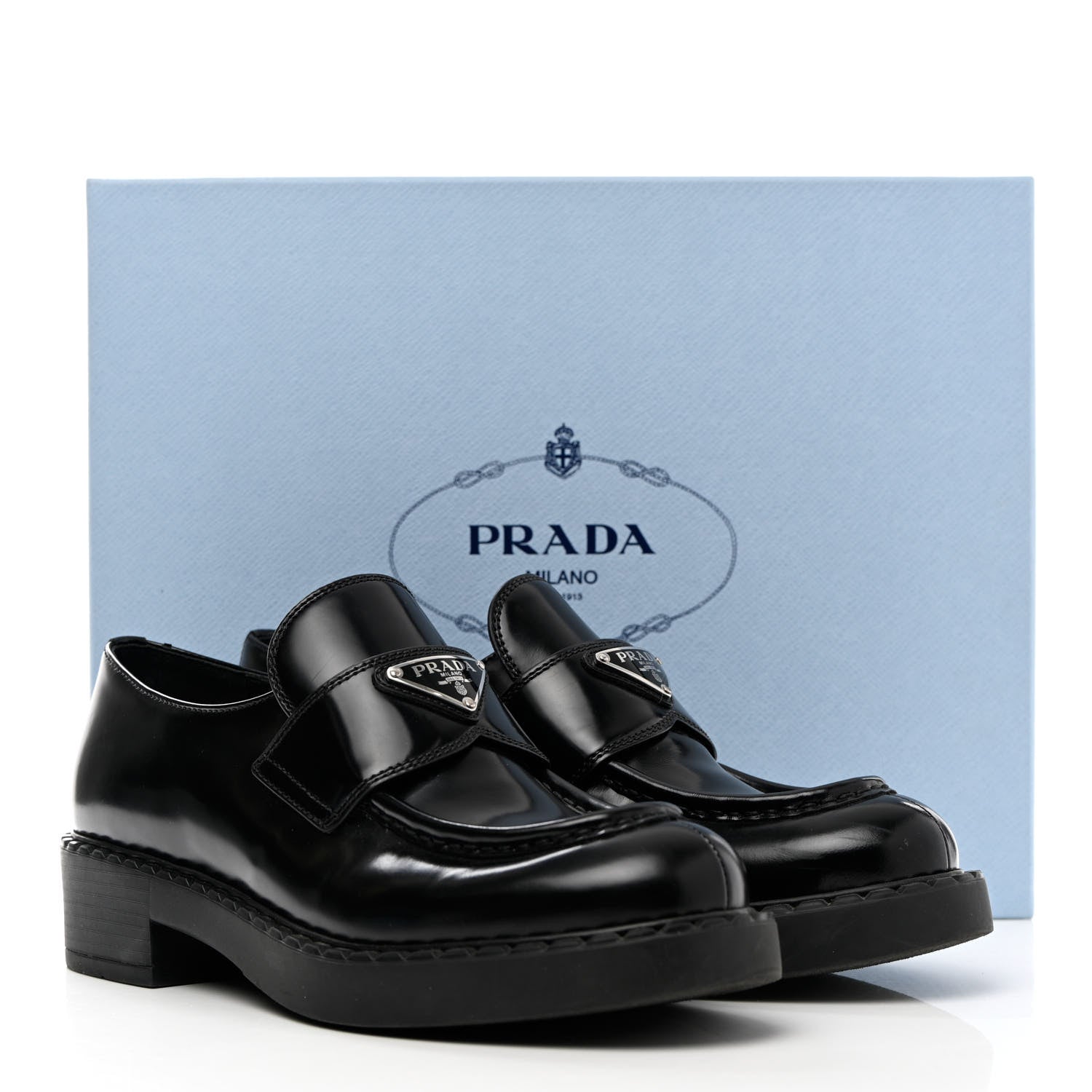Prada Spazzolato Metal Triangle Logo 50mm Loafers 38.5 Black 12 of 12