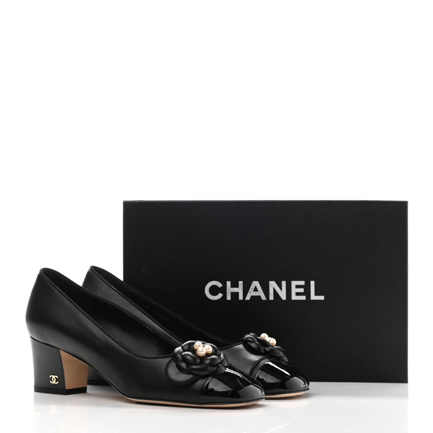 Chanel Lambskin Patent Calfskin Pearl Camellia Cap Toe Pumps 38.5 Black 16 of 16